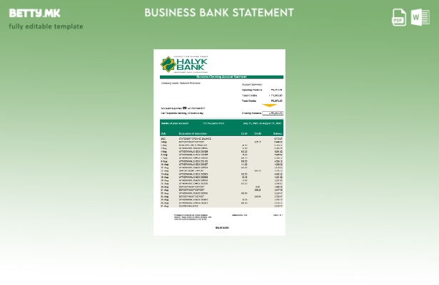 модерен стил Извод на сметка на организацијата Halyk Bank Шаблон Word и PDF